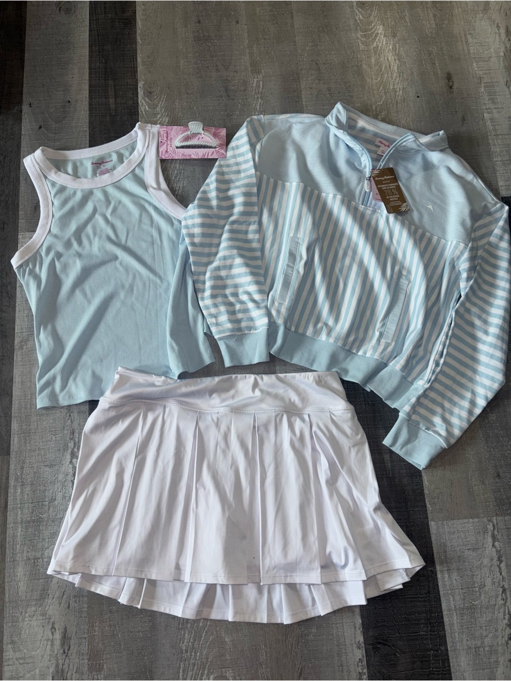 🦋NEW Tommy Bahama Light Blue Tank, Striped Pullover & White Skirt Set with Clip